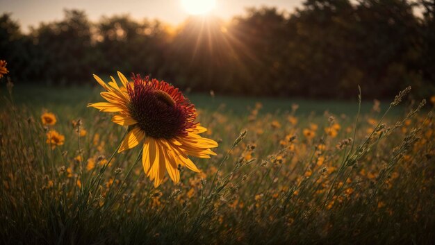 Una flor en la hierba con el sol detrás