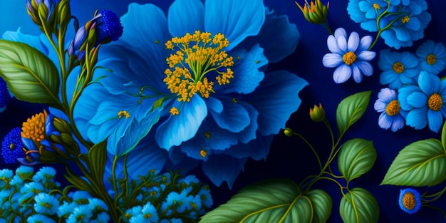flor y hojas sobre un fondo azul