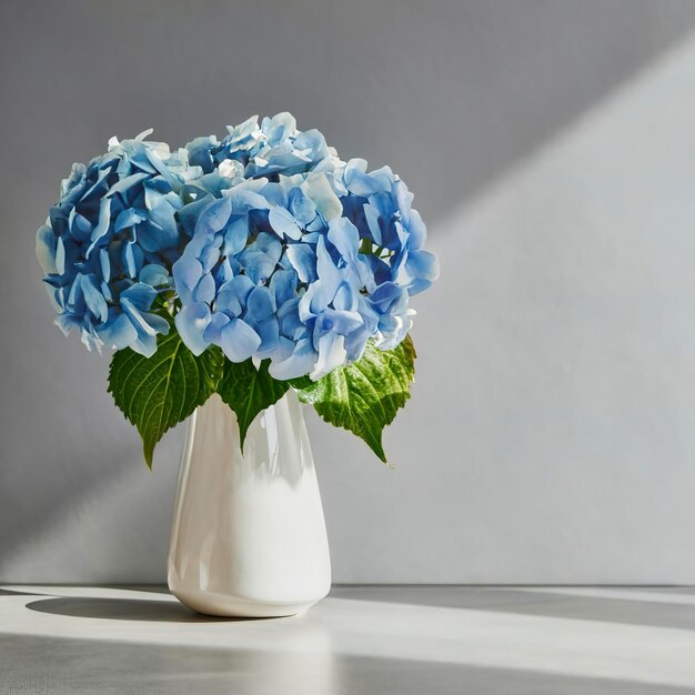 Flor de hortensia azul en jarrón blanco sobre interior gris