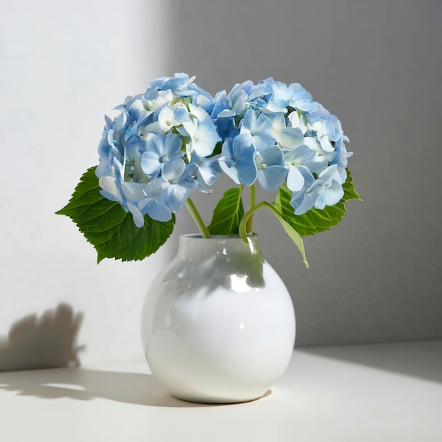 Flor de hortensia azul en jarrón blanco sobre interior gris