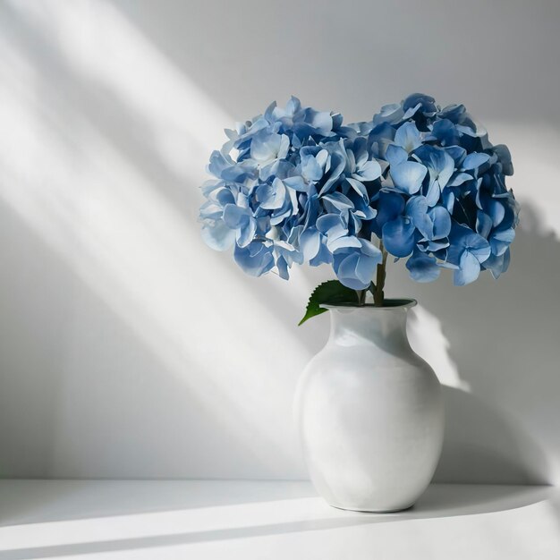 Flor de hortensia azul en jarrón blanco sobre interior gris