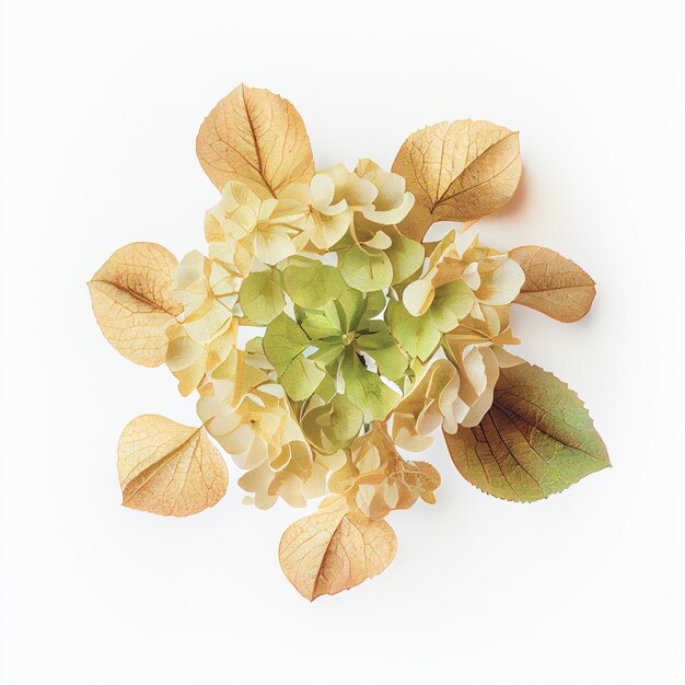 Flor de hortensia de hoja de roble en una vista superior aislada en un fondo blanco adecuado para usar en las tarjetas del Día de San Valentín