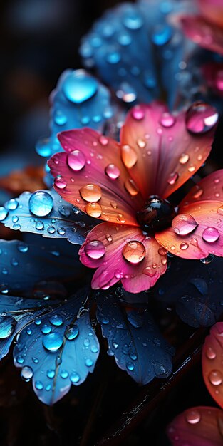 Flor intensiva de cores com luzes de néon e fundo de flores de gotas de chuva