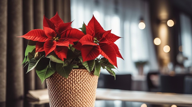 Flor interior Poinsétia Estrela de Natal em um vaso na decoração interior do