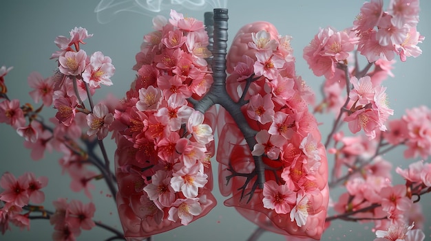 Foto una flor japonesa y un cigarrillo que representan los pulmones de un humano día mundial sin tabaco no fumar espacio de copia de pancartas médicas