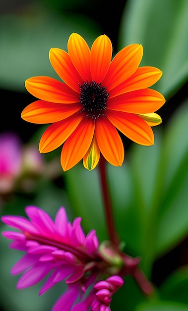 Una flor en un jardín con una flor rosa.