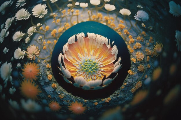 Una flor en un jarrón con un círculo azul con flores blancas.