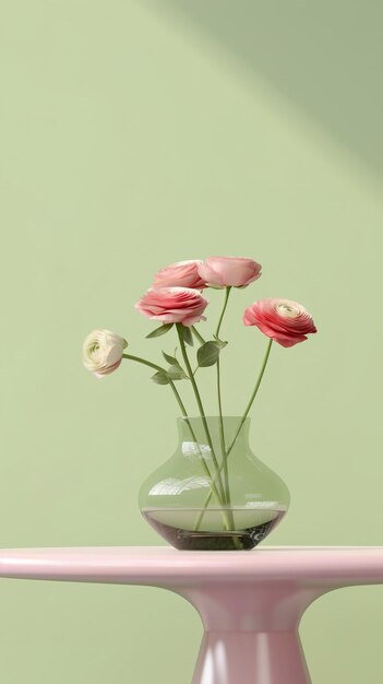 Flor en jarrón Exhibición en el podio Fondo verde pastel AI Generado