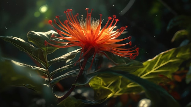 Una flor en la jungla con el sol brillando sobre ella.