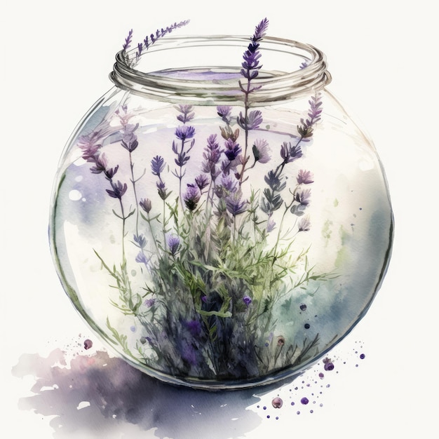 Flor de lavanda en maceta Ilustración de fondo de acuarela AI Generativo