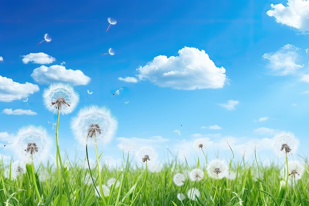 Flor-leão na grama verde e céu azul com nuvens brancas