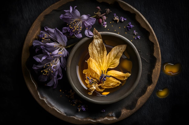 Flor de lila frita casera y sabrosa en fotografía de aceite de girasol