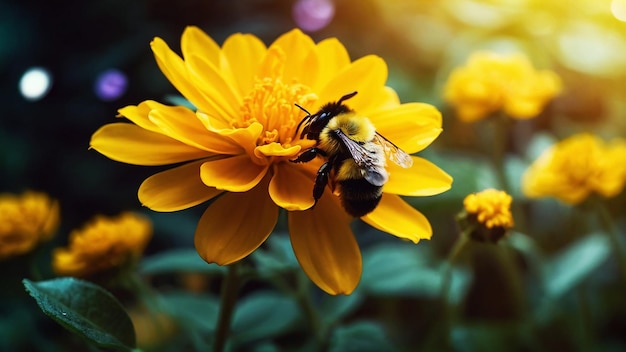 Flor linda amarelo se destaca HD em um mundo místico e um mais bonito abelha HD só em