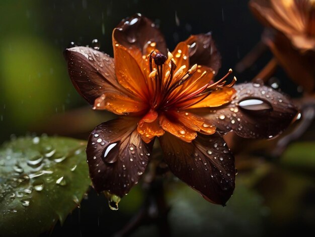 Flor linda em um galho castanho escuro com gotas de água