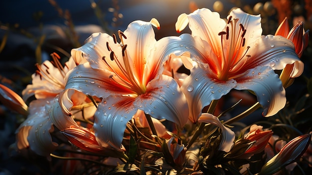 La flor de lirio al atardecer o al amanecer el cielo luz amarilla en horas doradas