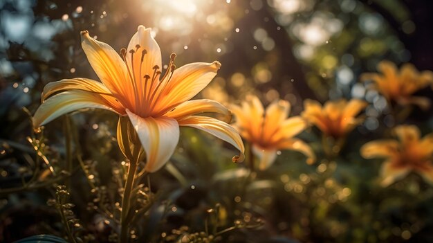 Flor de lirio con la luz del sol de la mañana y el rocío refrescante flores exóticas fotografía jardín de flores