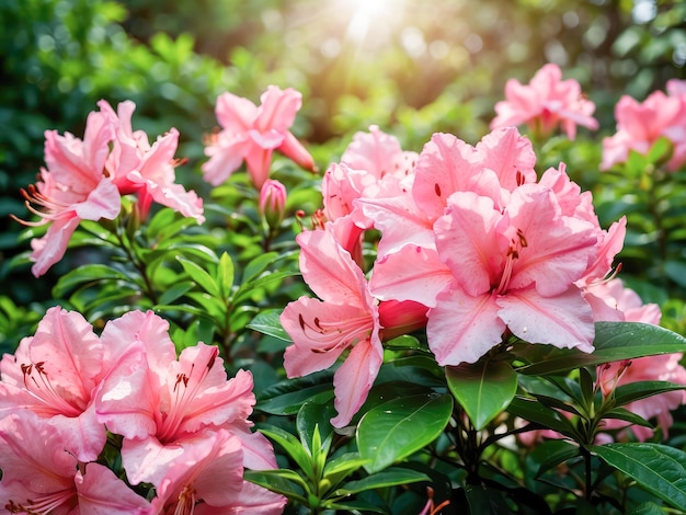 Foto una flor de lirio rosa en el interior con hojas verdes exuberantes