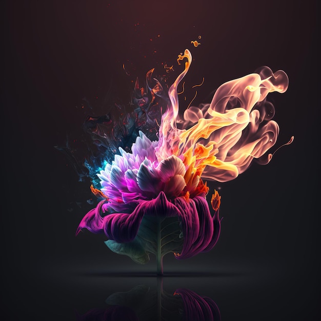 Una flor con una llama que se ilumina con una llama morada y naranja.