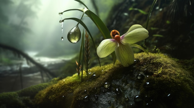Una flor bajo la lluvia con una gota de agua sobre ella.