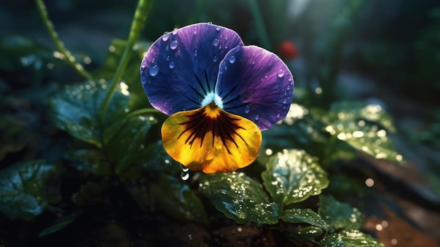 Una flor bajo la lluvia con pensamientos azules y amarillos en primer plano.