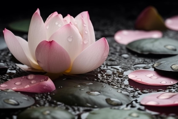 Una flor de loto en el agua con gotas de agua sobre ella