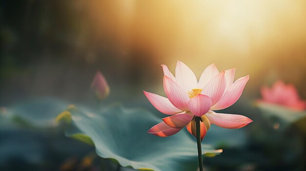 La flor de loto se alza sus pétalos brillan con la cálida luz del sol poniente sobre un estanque sereno