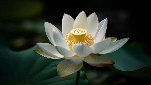 Una flor de loto blanca con un centro amarillo.