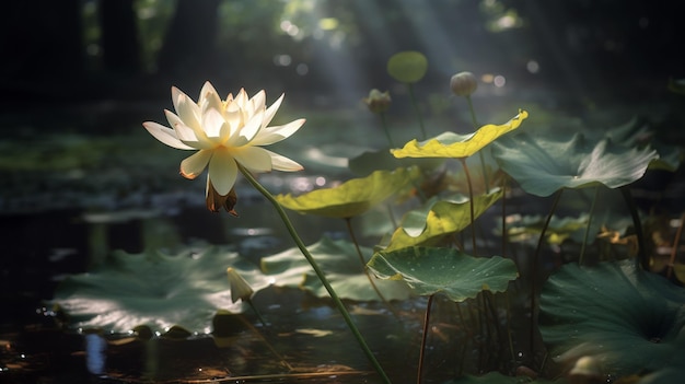 Una flor de loto blanca en un pantano con el sol brillando a través de las hojas.