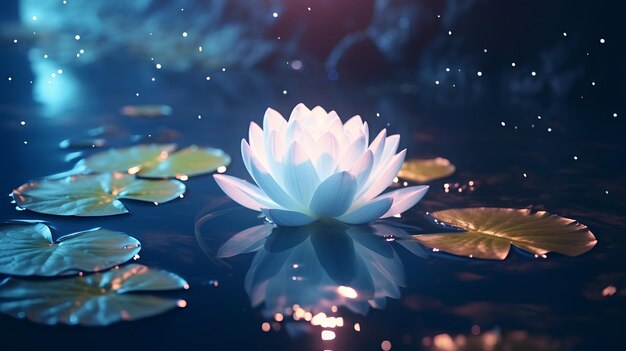 La flor de loto con chispas mágicas en el lago tranquilo Fotografía de arte simbólico