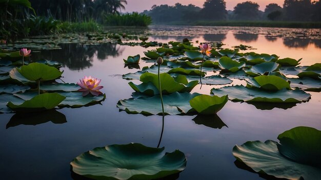 una flor de loto en un estanque con árboles en el fondo