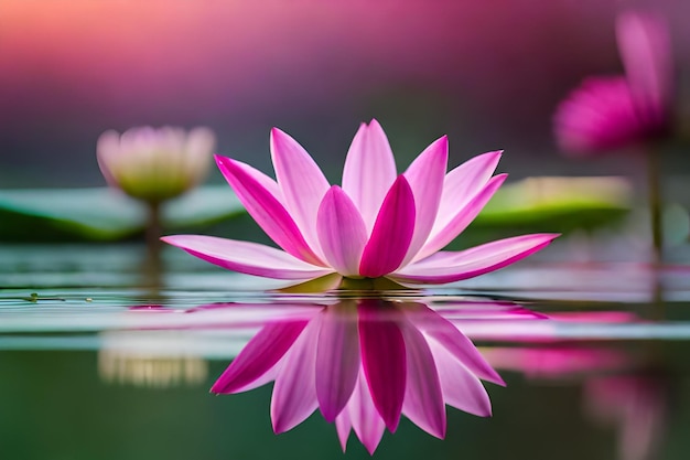 Foto flor de loto en un estanque con la puesta de sol detrás de él.