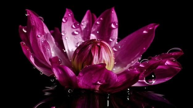 Una flor de loto con gotas de agua sobre ella