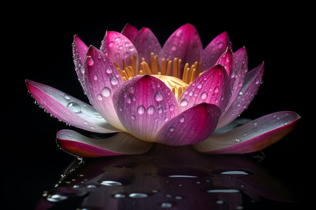 Una flor de loto con gotas de agua sobre ella