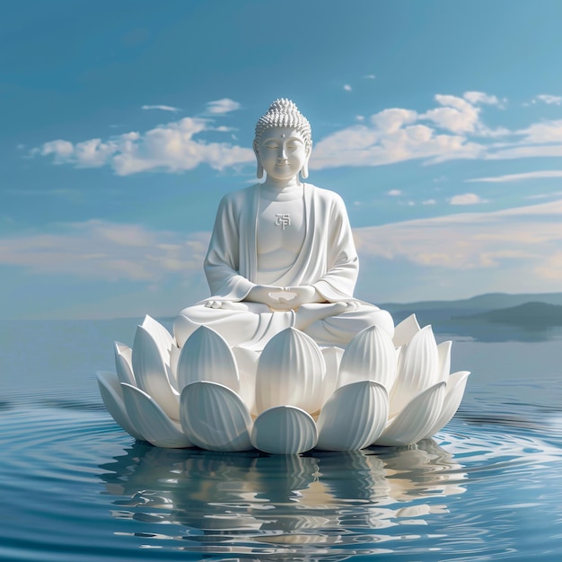 una flor de loto con la imagen de Buda sentado en ella