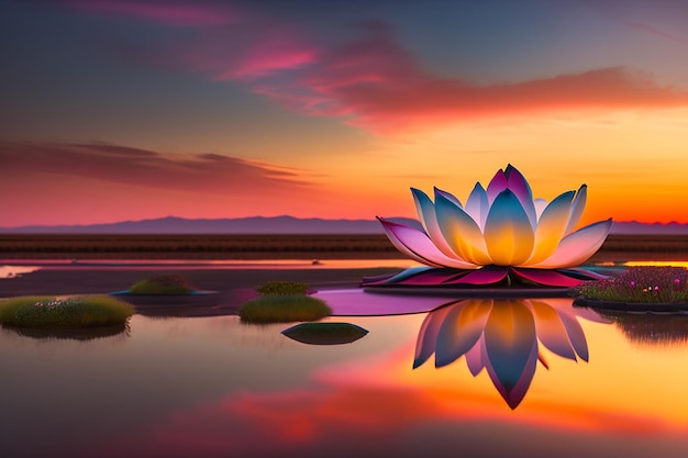 Foto una flor de loto en un lago con una puesta de sol de fondo