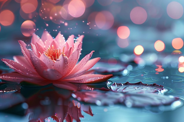 Flor de loto luminosa en agua tranquila Arte digital con efecto de luz bokeh