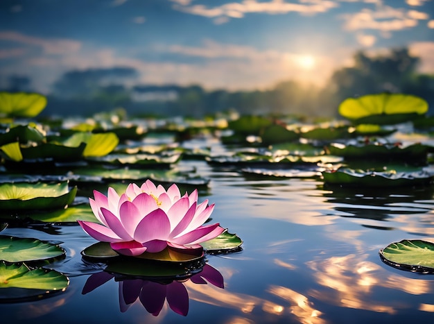 Flor de loto o nenúfar flotando sobre el agua