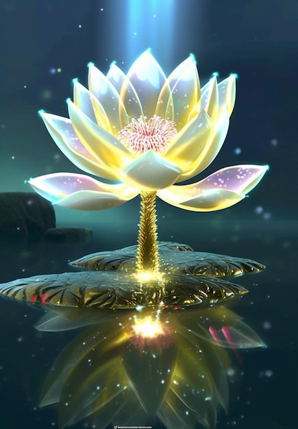 Una flor de loto que brilla intensamente está en el agua.