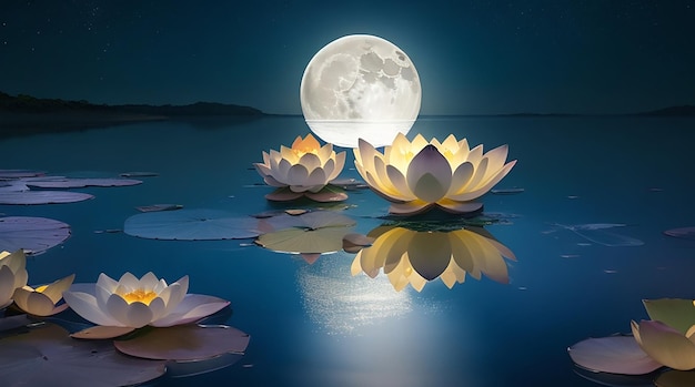 Una flor de loto que crece cerca del MAR arena luna llena EL MAR es un reflejo tranquilo de la luna llena en el mar