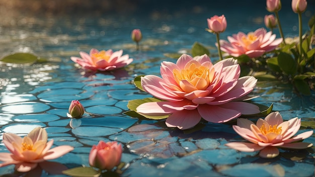 Flor de loto rosa en el agua de la piscina con reflejo