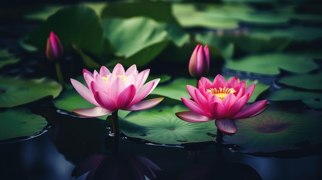 Una flor de loto rosa se asienta en un estanque con hojas en el fondo.