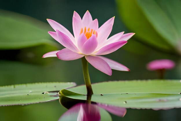 una flor de loto rosa con estambres amarillos se sienta en un estanque.