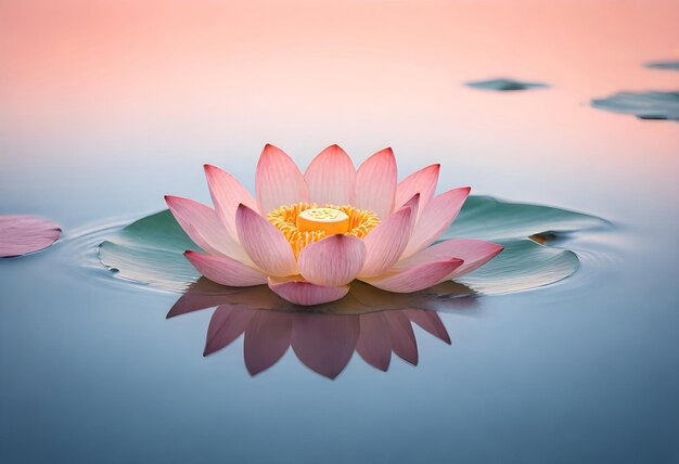 una flor de loto rosa flotando en el agua con hojas