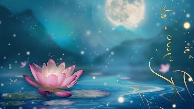 una flor de loto rosa con la luna en el fondo