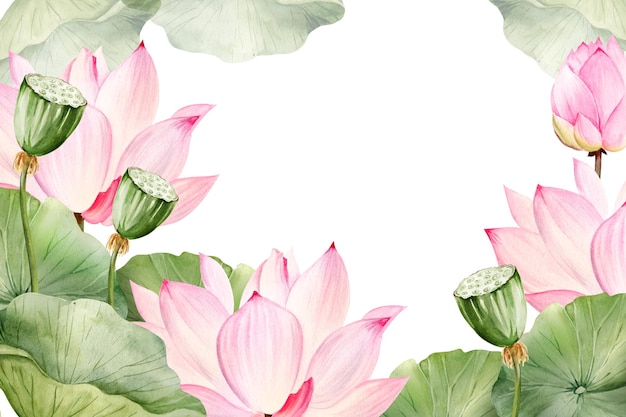 Flor de loto rosa neón y hojas que crecen en el agua Ilustración de acuarela aislada en blanco Planta de lirio de agua tropical asiática brillante con brote para spa y salón de yoga Blogs y tarjetas botánicas florales