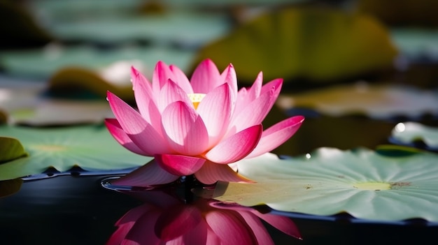 Una flor de loto rosa se refleja en un estanque.