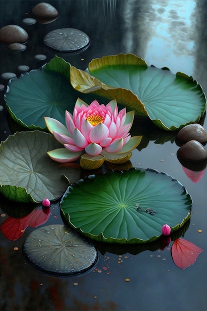 Flor de loto rosa sentada sobre un cuerpo de agua generativa ai