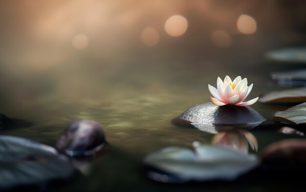 Flor de loto rosa sobre el agua con rayos de sol