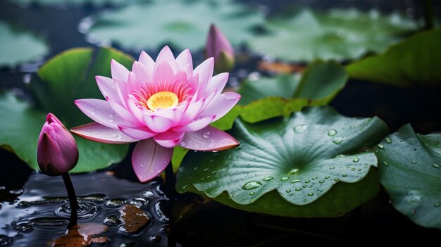 Flor de loto rosa vibrante mojada con rocío en un estanque tropical