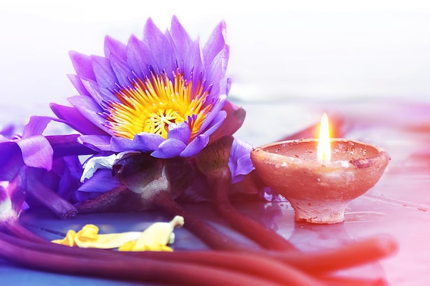 Una flor de loto y una vela en un templo budista